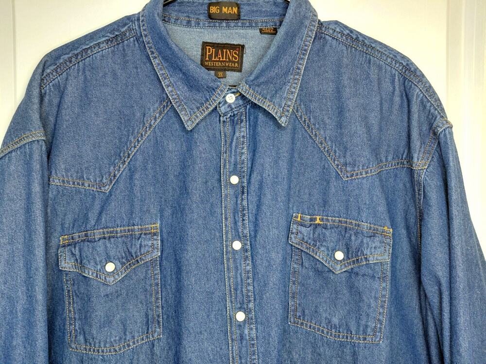 Vintage Plains Western Wear Denim Pearl Snap Shirt Men's 3X Big Man Cowhide Cut